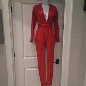 Plunge Neck Long Sleeve Hot Pink Jumpsuit